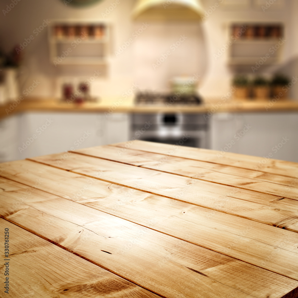 Table background of free space and kitchen interior Table background of free space and kitchen interior