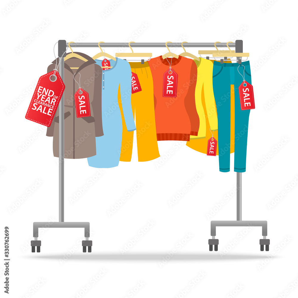 Vetor de Women clothes clearance sale. Vector illustraton isolated on white  background. Trousers, long sleeve shirt, sweater and coat collection on  hanger rack and display in the shop. Slae tags on clothes.
