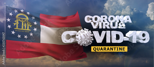 Coronavirus 2019-nCoV quarantine concept on waved state of Georgia flag. Waving flag on sunset sky background 3D illustration.