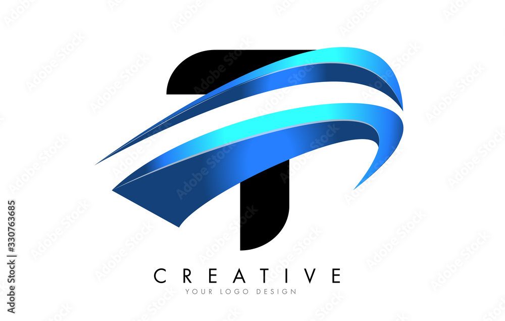 T Letter logo with blue gradient swash design. T Letter logo with blue gradient swash design.