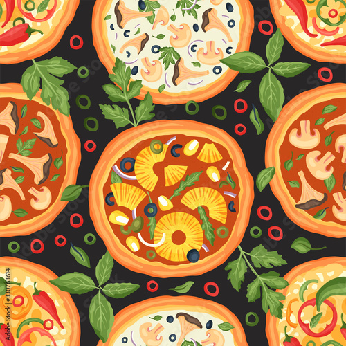 Italian cheese pineapple chili cayenne pepper and mushroom pizza vector illustration. Delicious tasty snack seamless pattern. Flat design. Pizza meal food ingredient - pineapple, olive, greens.