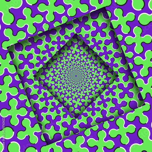 Abstract turned frames with a rotating green purple cruciform shapes pattern. Optical illusion hypnotic background.