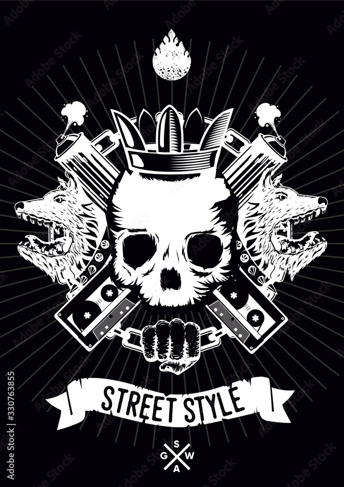 Hip-hop battle music poster with skull and microphones. Rap show vector  illustration. Stock Vector