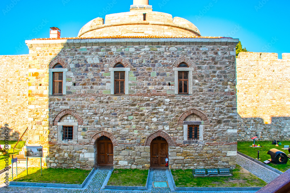 Inside the Cimenlik Castle, various sized cannons, cannon carts, anti