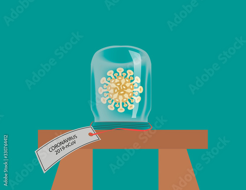 The coronavirus bacterium is covered with a glass jar. Glass jar on the table.