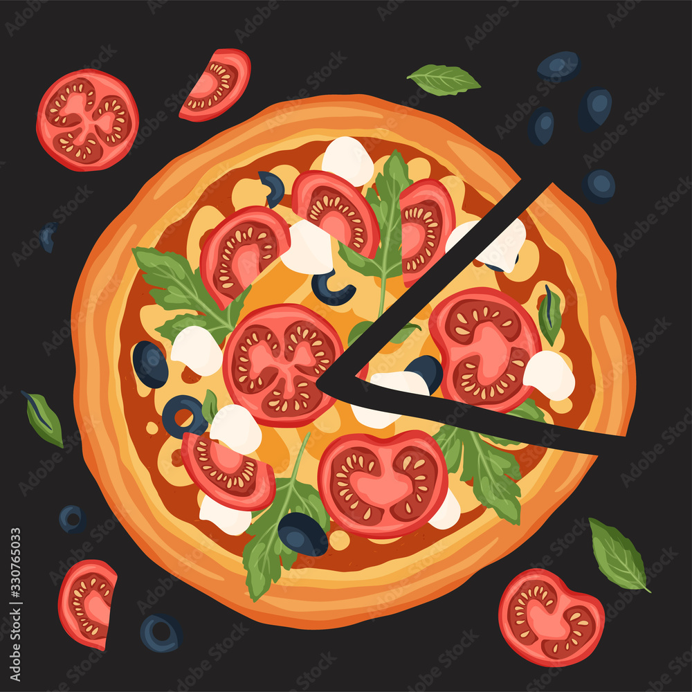 Italian margherita cheese pizza vector card. Illustration with basil, mozzarella, olives and tomato. Delicious tasty snack poster. Flat design. Italian margherita cheese pizza vector card. Illustration with basil, mozzarella, olives and tomato. Delicious tasty snack poster. Flat design.