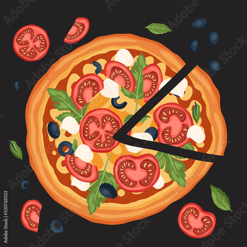 Italian margherita cheese pizza vector card. Illustration with basil, mozzarella, olives and tomato. Delicious tasty snack poster. Flat design.
