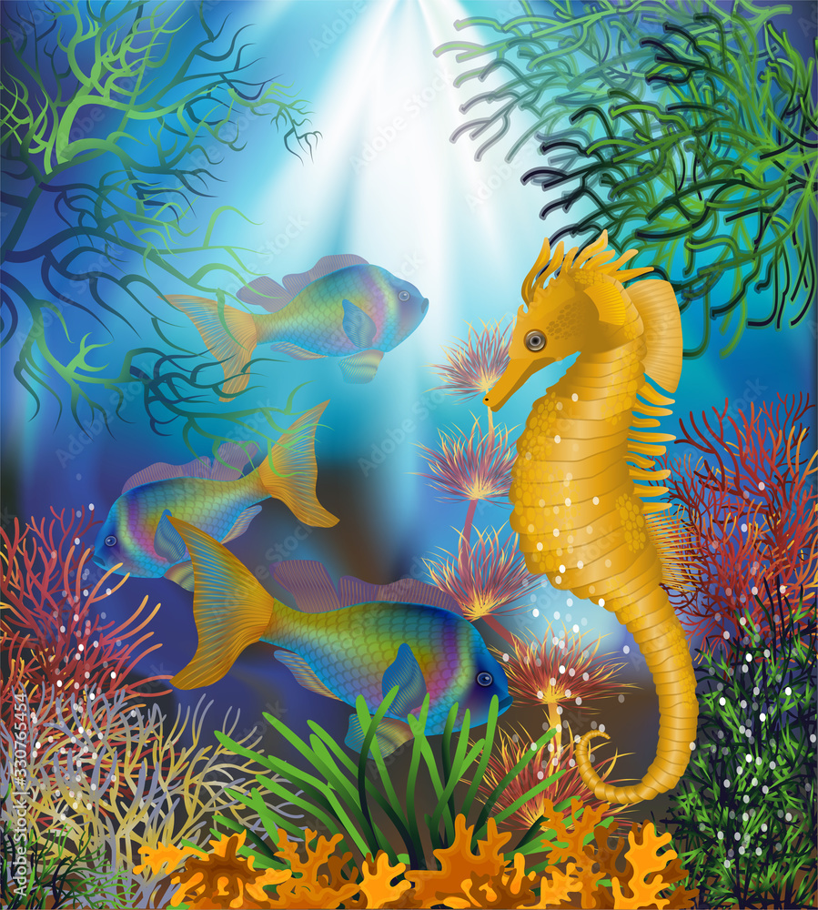 Underwater card with seahorse, vector illustration
