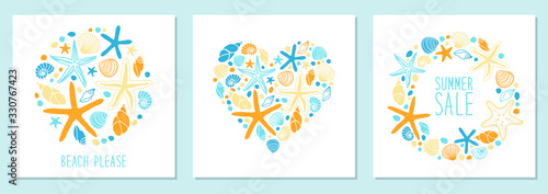 Cute set of marine background with hand drawn shells and starfishes