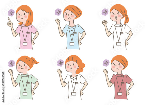 怒る若い女性　白衣　セット