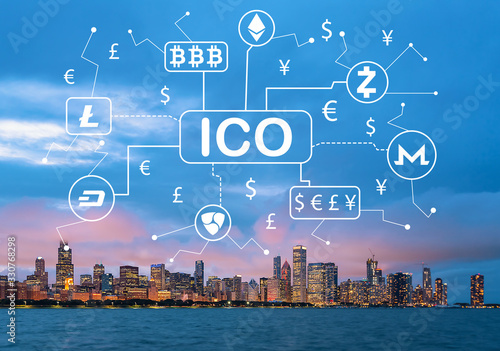 Cryptocurrency ICO theme with downtown Chicago cityscape skyline with Lake Michigan
