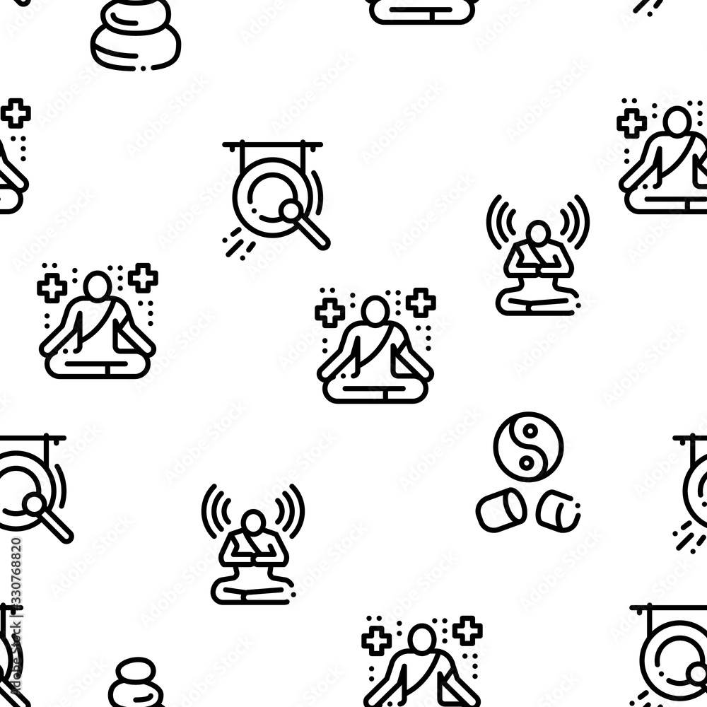 Meditation Practice Seamless Pattern Vector Thin Line. Illustrations Meditation Practice Seamless Pattern Vector Thin Line. Illustrations