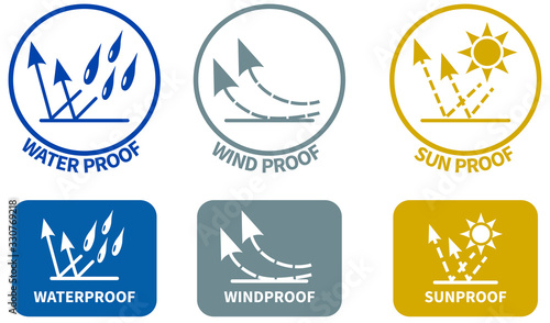 Set of weather resistance icons. Water wind and sun proof signs in circle and rounded square, can be used on textiles