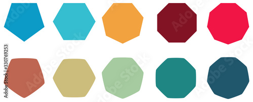 Polygons with various number of sides (pentagon, hexagon, heptagon, octagon, nonagon) icons, sharp and slightly rounded version
