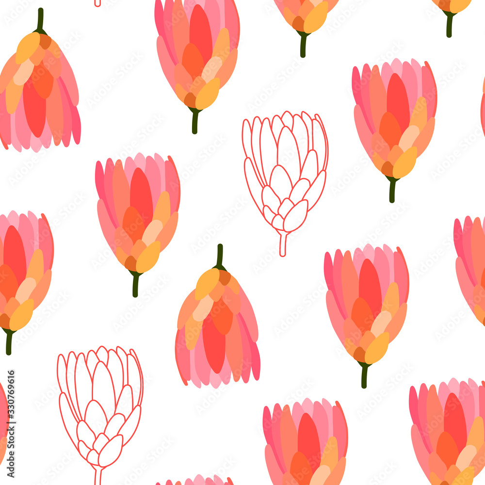 Seamless floral vector pattern. Pink Protea flowers isolated on white background. Lines, flowers, plants illustration for wrapping paper, cards, clothes, textiles, weddings, Women's and Mother's Day