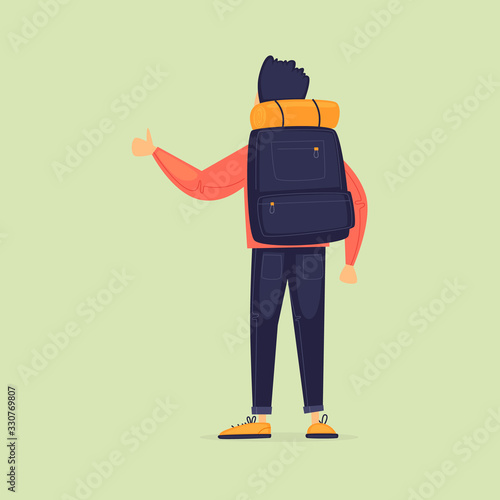 Hitchhiking, a man stops transport. Journey. Flat design vector illustration.