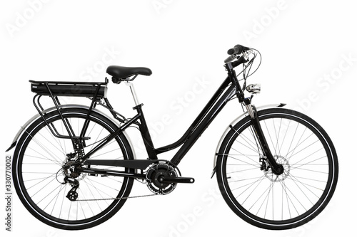 side view of an electric urban bicycle on an isolated white background