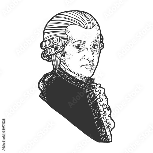Wolfgang Amadeus Mozart portrait sketch engraving vector illustration. T-shirt apparel print design. Scratch board imitation. Black and white hand drawn image.