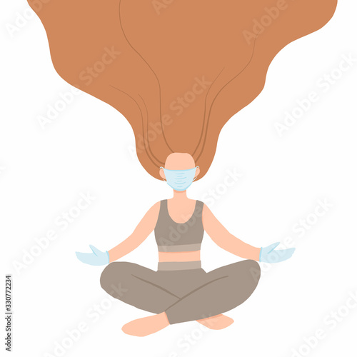 Young woman with face mask sitting in lotus position and doing yoga, flat style. Stress concept vector illustration. Quarantine, coronavirus epidemia safety.