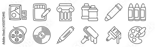 set of 12 fine arts icons. outline thin line icons such as palette, paint roller, vinyl, pencil, column, graphic tablet