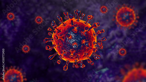 2019 nCov-Corona virus cell outbreak and coronaviruses influenza red background concept dangerous flu shot pandemic medical health risk with disease. selective focus 3D rendering and illustration 