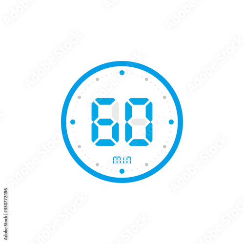 60 minute. Timer, clock, stopwatch isolated blue icons on white background. Vector