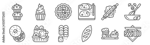 set of 12 august bakery icons. outline thin line icons such as brioche, bread, bakery, rolling, pie, cupcake
