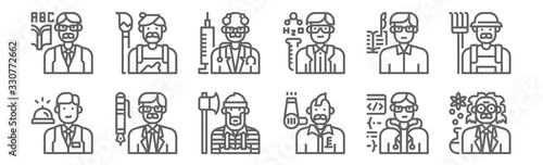 set of 12 professions and occupation icons. outline thin line icons such as scientist, hairstylist, ceo, writer, doctor, artist