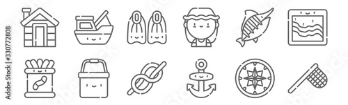 set of 12 fishing icons. outline thin line icons such as fishing net, anchor, bucket, marlin, fins, boat