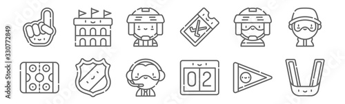 set of 12 hockey icons. outline thin line icons such as mouth guard, score, shield, hockey player, referee, stadium