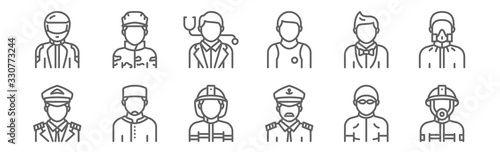set of 12 profession avatar icons. outline thin line icons such as firefighter, captain, moslem, showman, doctor, soldier