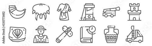set of 12 history icons. outline thin line icons such as catapult, book, archeologist, cannon, toga, necklace