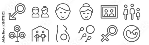 set of 12 family icons. outline thin line icons such as fetus, fertility, family, family, boy, couple