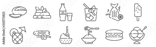 set of 12 summer food and drink icons. outline thin line icons such as ice cream, pasta, corn, fish, water, bruschetta