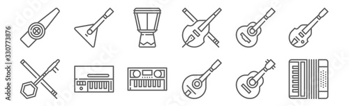 set of 12 music instruments icons. outline thin line icons such as accordion, mandolin, clavinet, spanish guitar, djembe, balalaika