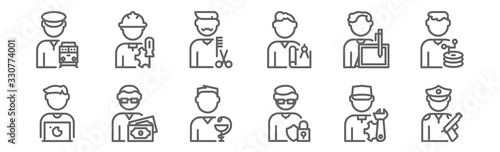 set of 12 man worker avatar icons. outline thin line icons such as policeman, hacker, financial advisor, writer, hairdresser, engineer