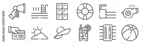 set of 12 swimming pool icons. outline thin line icons such as beach ball, soft drink, weather, springboard, lockers, hot pool