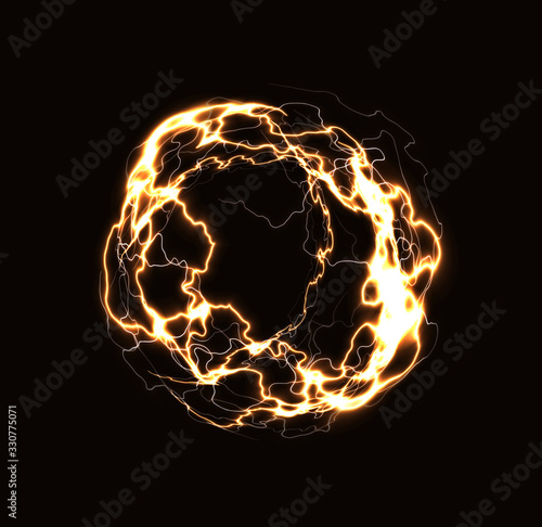 Realistic lightning ring, energy ball, magic sphere, golden plasma on dark background. Isolated vector illustration
