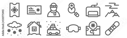 set of 12 winter travelling icons. outline thin line icons such as snowboard, ski goggles, house, ski lift, man, ticket