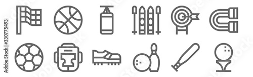 set of 12 sport equipment icons. outline thin line icons such as golf, bowling, boxing helmet, target, punching bag, basketball