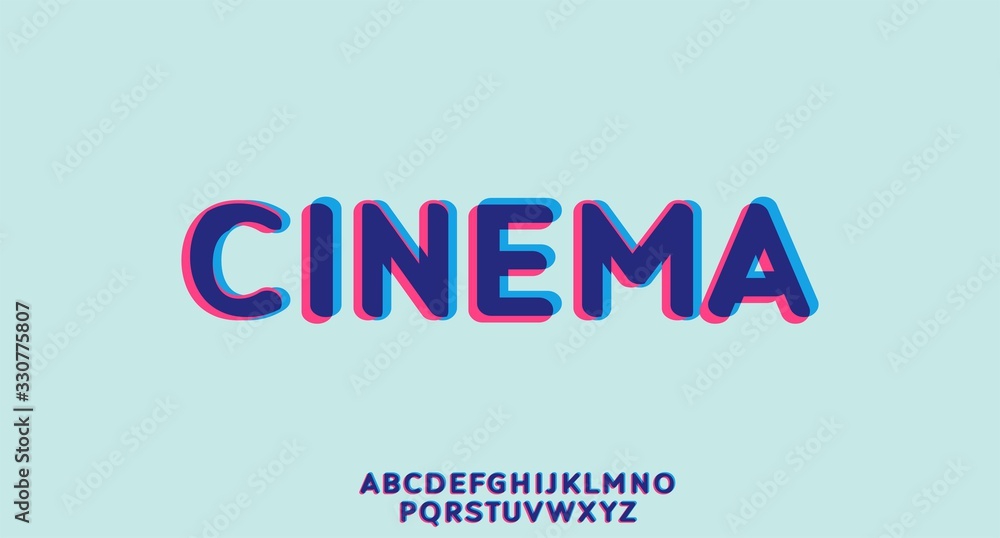 cinema, a glicth 3d text vector alphabet font typeset