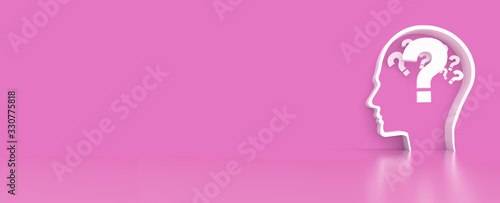 Moving Questionmarks in Human Head outline in front of a color wall background. Business Psychology concept