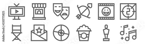set of 12 film industry icons. outline thin line icons such as notes, popcorn, invitation, happy, mask, ticket office