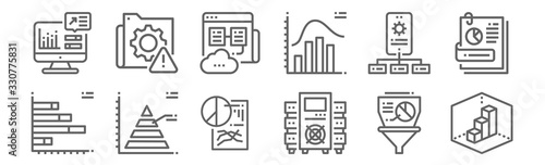 set of 12 data analytics icons. outline thin line icons such as d, data, pyramid, api, web hosting, system