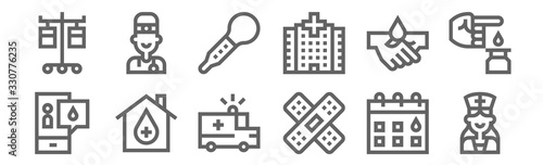 set of 12 blood donation icons. outline thin line icons such as nurse, bandage, house, blood donation, edema, surgeon