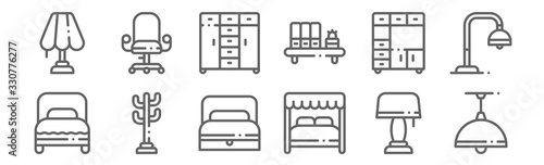 set of 12 furnitures icons. outline thin line icons such as ceiling light, canopy bed, coat stand, closet, wardrobe, desk chair