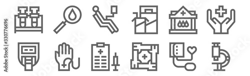 set of 12 blood donation icons. outline thin line icons such as microscope, healthcare, blood donation, blood donation, search