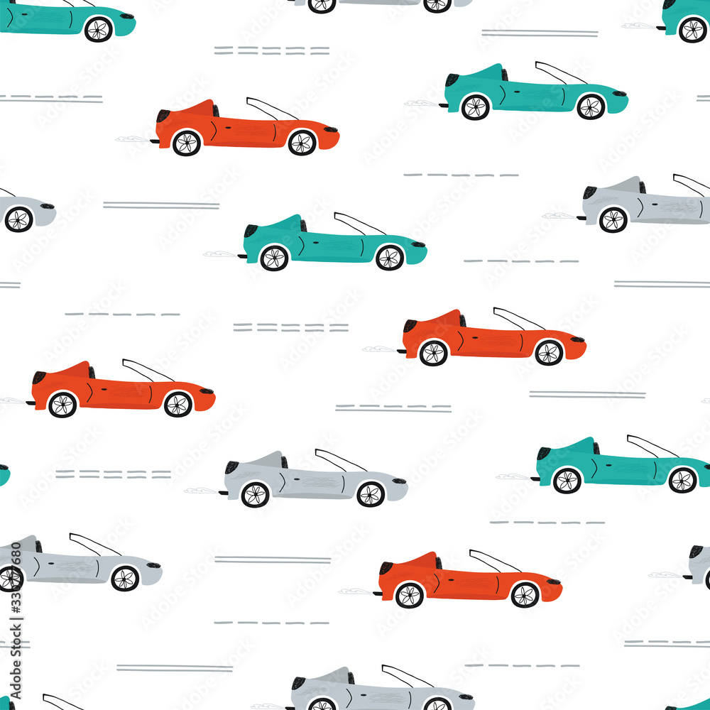 Cute children's seamless pattern with cars, road on a white background. Illustration of a town in a cartoon style for Wallpaper, fabric, and textile design. Vector Cute children's seamless pattern with cars, road on a white background. Illustration of a town in a cartoon style for Wallpaper, fabric, and textile design. Vector