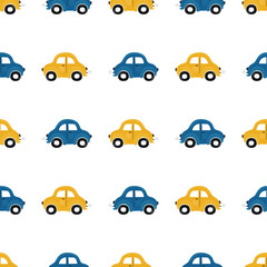 Acrylglasbilder Automuster Blaue gelbe Autos Kindermuster Cartoon  © Irina Gubanova
