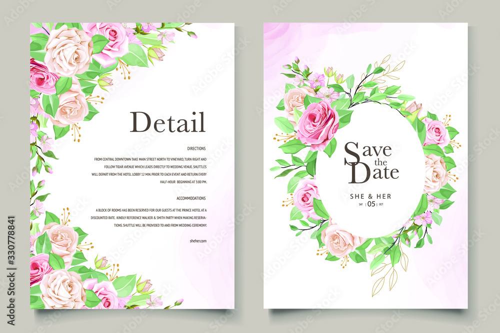 elegant floral and leaves wedding card template